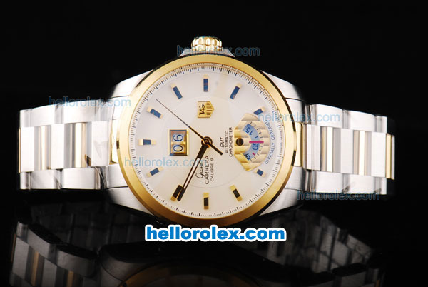 Tag Heuer Carrera Calibre 8 Chronometer Automatic Movement Gold Bezel with White Dial and Gold Stick Markers-Two Tone Strap - Click Image to Close